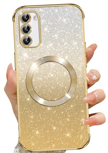 Phoona für Samsung Galaxy S20 FE Hülle, Magnetisch Handyhülle Kompatibel mit MagSafe, Keine Vergilbung, Kratzfeste, Ganzkörperschutz Glitzer Hülle für Samsung S20 FE 4G/5G, Mit 2 Schutzfolie, Gold