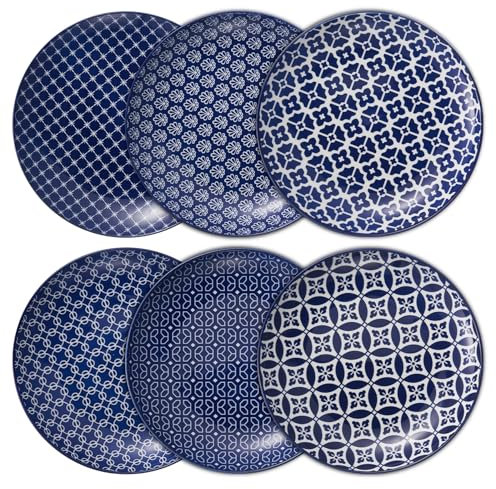 DOWAN Assiettes à salade en porcelaine - 21,6 cm - Bleu vintage - Assiettes à dessert en céramique pour gâteaux, apéritifs, collations - Passe au micro-ondes et au lave-vaisselle - Cadeaux