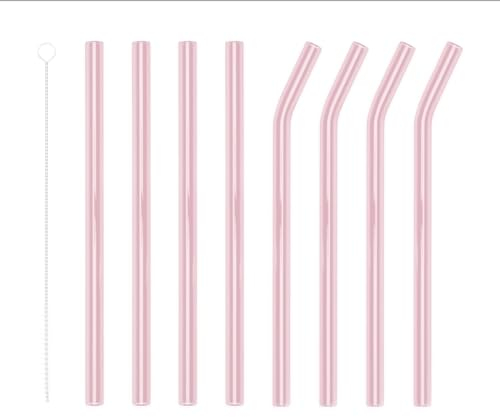 Lot de 8 pailles longues en verre - Passent au lave-vaisselle - Rose - Pour cocktail, smoothie - Réutilisables - Passent au lave-vaisselle