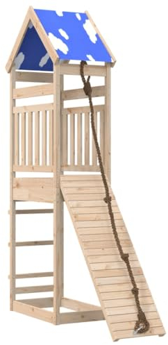 vidaXL Spielturm, Klettergerüst mit Dach Kletterwand Seil, Kinder Kletterturm Spiel-Zubehör für Garten, Holz Spielplatz Spielhaus, Massivholz Kiefer