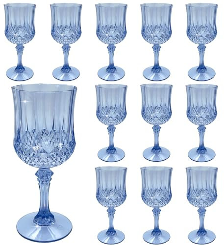 LEYIQU Lot de 12 verres à vin en plastique incassables de style vintage - Verres réutilisables pour réception de mariage, grand événement - Bleu