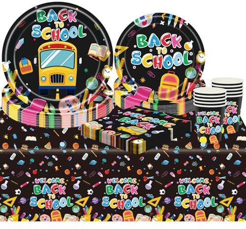 Rierousy Einschulung Partygeschirr Set, 81 Stück Schulanfang Pappgeschirr mit Pappteller Pappbecher Papierservietten Tischtücher für Die Tischdekoration Der Schulanfangsfeier(für 20 Schüler)