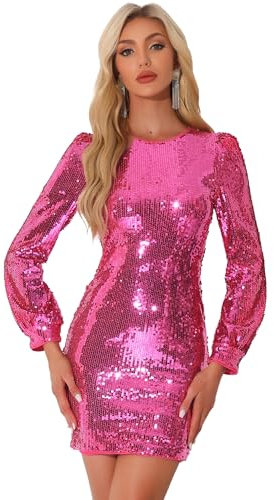 Allegra K Donna Natalizio Abito con Paillettes Christmas Party Aderenti Scintillanti A Maniche Lunghe A Lanterna Mini Abiti da Club di Natale Rosa Caldo XL
