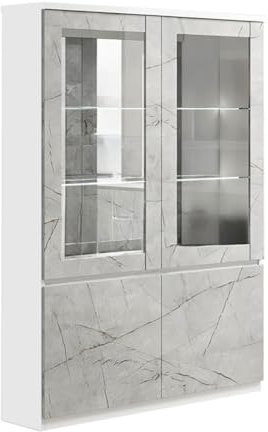 AltoBuy DEYTON - Vitrine 4 Portes Laquée Blanc et Gris Marbré avec LEDs