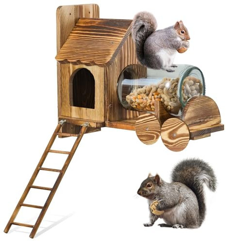 Holz Eichhörnchen Futterspender für draußen Baum Lustiges Eichhörnchen Haus für draußen Nisthaus Winter Holz Streifenhörnchen Haus Box für Mais Erdnüsse mit Leiter und Glasflaschenaufbewahrung
