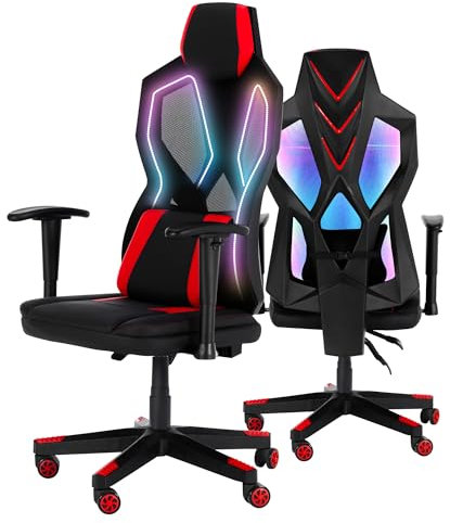 Frassie Sedia da gioco con luci a LED RGB, sedia ergonomica per videogiochi, sedia da gaming con supporto lombare massaggiante (rosso)