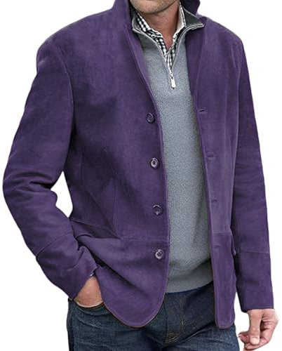 Giacca In Pelle Scamosciata Classica, Giacca In Pelle Scamosciata Da Uomo Con Cerniera Intera, Giacche Vintage Casual, Cappotto Da Camionista Classico Leggero (XL,Viola)