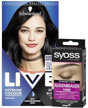 Schwarzkopf LIVE Intense Colour Haarfarbe 99 Deep Black (142 ml), dauerhafte Coloration mit farbintensivierendem Serum & Syoss Augenbrauen Kit Augenbrauenfarbe 1–1 Schwarz Stufe 3 (17 ml)