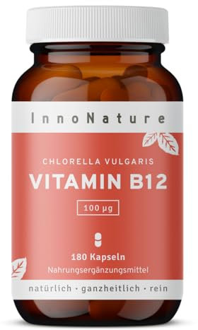 InnoNature Vitamin B12 Kapseln | 250 µg natürlich aus der Chlorella Vulgaris Alge | 90 Kapseln, 250 µg Methylcobalamin pro Kapsel | glutenfrei, vegan, pflanzlich
