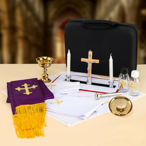 Kit de Misa de Viaje católico: cáliz, PYX, Paten, crucifijo, Velas con Soporte, Estola de Clero, Ropa de Cama, aspersor de Agua bendita y Botellas, Kit de exorcismo de Regalo para Sacerdote, Kit de