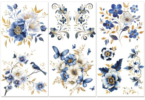 PLIGREAT 3 Blätter Blaue Blumen reiben auf Transfers für Möbel Vintage Zweige Transfer Aufkleber für Holz Kommoden Kleiderschrank Schublade Schrank Keramik Scrapbooking Kunsthandwerk Dekorativ