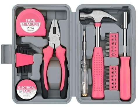 Hi-Spec 24-teiliges, kompaktes Heim- und Büro-DIY-Handwerkzeugset for Reparaturen im Haushalt(Pink)