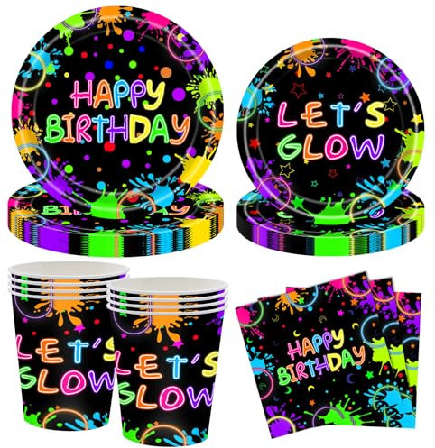 Happy Brithday Neonfarbenes Partygeschirr Set,Bunte Glow Partyteller und Servietten Geburtstag Party Deko Set für Geburtstagsdeko Junge Mädchen Partys,10 Gäste