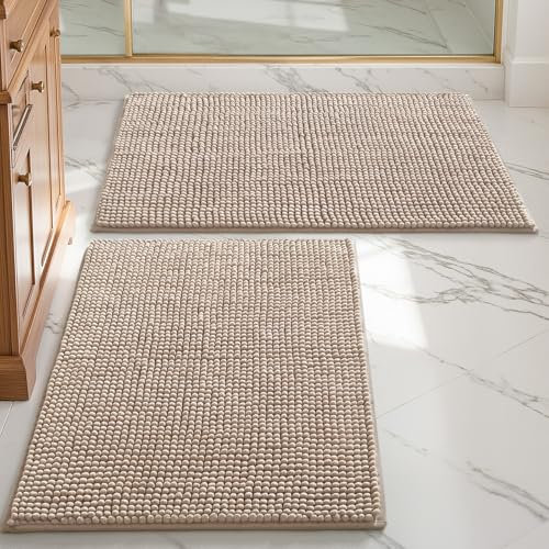 DEXI Tapis Salle de Bain 2 Pièces 40 x 60 cm, Super Absorbant et Doux en Chenille, Lavable en Machine, Séchage Rapide et Antidérapant pour la Douche, Baignoire, Toilettes, Beige