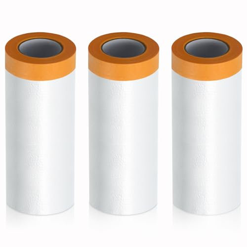 LINSOCLE Abdeckfolie mit Klebeband, Abklebeband mit Folie - 3 Rolle × 280cm×20m | Transparente Malerfolie für Autos, Fenster, Tür,Möbel & Wände