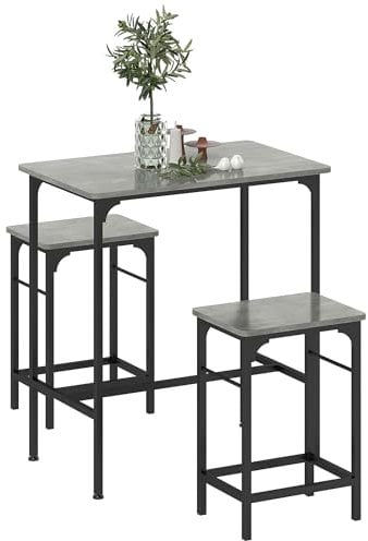 HOMCOM Bartisch Set Bartisch mit Barhocker-Set Esstisch mit 2 Stühlen mit Rutschfestem Fußpolster Küchentisch für Esszimmer, Küche, Grau