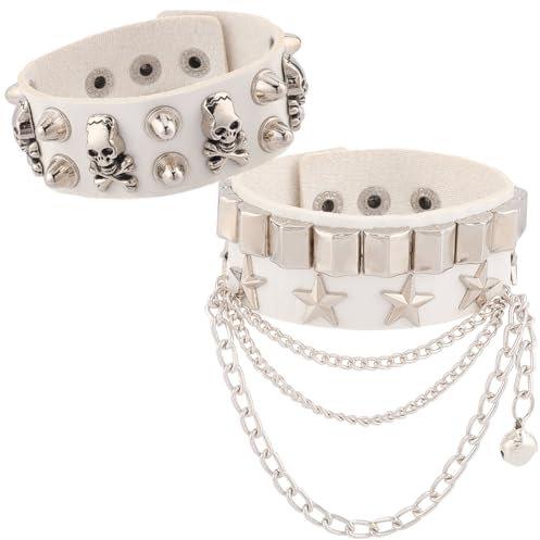 CALFOVERA Bracciale in Pelle PU Stile 2 Bianco con Borchie da Punk Rock Fascia Avvolgente con Borchie A Chiodo Argentate Catena A Campanella Regolabile Bracciale Gotico per Uomo e Donna Costume