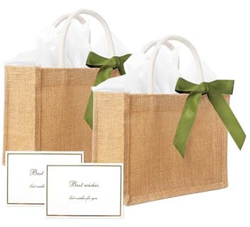Dmnnlp 2 Pack 8.7 Small Jute Bag with Green Ribbon, Card and Tissue Paper, Reusable Jute Burlap Bag for Wedding, Bridesmaid, Party, Shopping, Beach, Gift