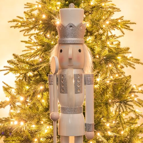 KI Store 120 cm Weihnachten Nussknacker Lebensgröße Groß XXL Holz Nussknacker Figur Weihnachtsdekoration (Weiss Silber)