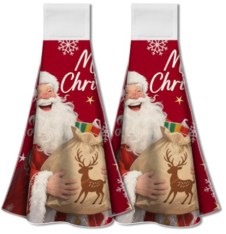 WADORN 2 Pack Weihnachts Küchentücher Zum Aufhängen Mit Schlaufe, Handtuch Mit Aufschrift 'Frohe Weihnachten' Mikrofaser Weich Saugfähig Zum Aufhängen Tee Waschlappen 31.5x34.5cm Für Zuhause Urlaub