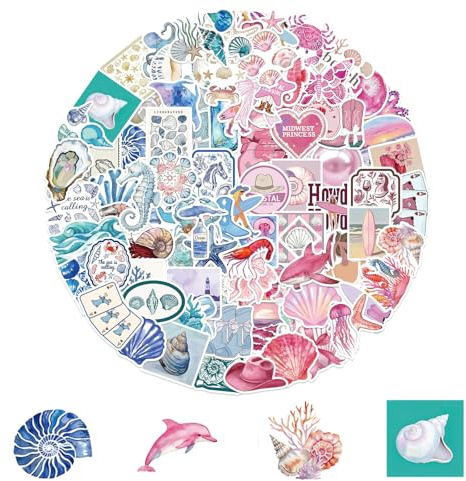 Coastal Stickers 100 Pack, Waterproof Vinyl Ocean Animal Stickers for Kids Teens, Blue and Pink Marine Life Decals for Laptops Water Bottles Scrapbooks