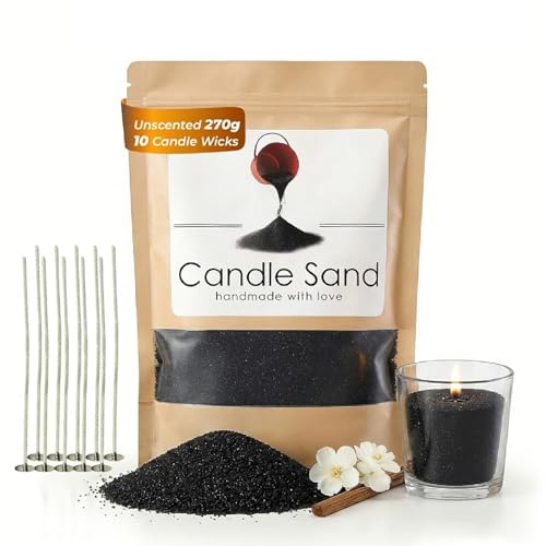 Biigdan 270g Kerzensand mit 10 Docht,Sojawachs für Kerzen,DIY Kreative Dekoration Ohne Duft Kerzenwachs,Ohne Paraffin,Kerzenwachs Granulat bis zu 40 Std. Brenndauer,für Hochzeiten & Partys,Schwarz