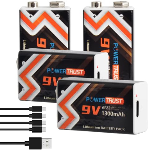 PowerTrust 4-Pack Rechargeable 9V Batteries,1300mAh Li-ion Battery with USB-C Charge Port and 2 in 1 Charging Cable for Smoke Alarms,Electronic Toys,Microphones,Walkie-Talkie,Multimeters,GPS