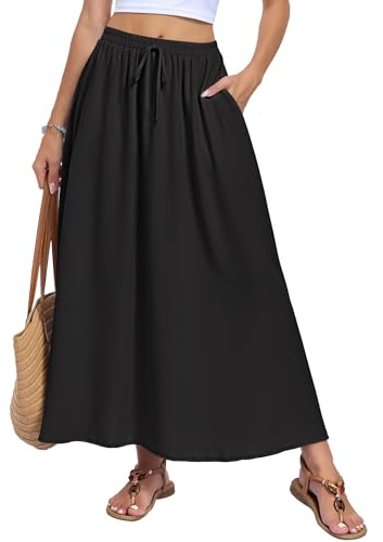 AUSELILY Damen Rock Lang mit Taschen Hohe Taille Elastisch A-Linie Sommer | Kordelzug Dekoration Maxirock Casual Flowy Strandrock Leichter Einfarbig Böhmische Blumenmuster Röcke Für Alltag Büro Urlaub