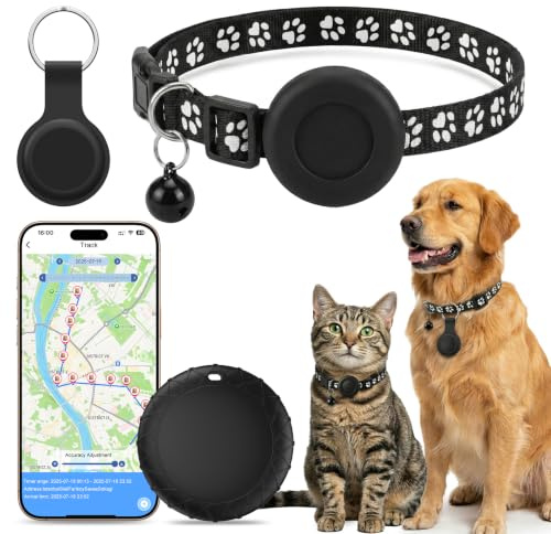 GPS Katze Tracker, Hundetracker für Halsband Kompatibel mit iOS ＆ Android, GPS Katzenhalsband, GPS Gerät Bluetooth Tracker Ohne ABO Keine Monatliche, für Hunde/Katzen, IPX6 wasserdicht, Schwarz