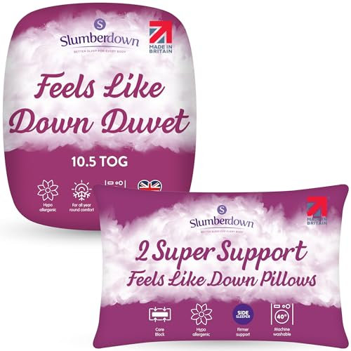 Slumberdown Feels Like Down Single Duvet 10.5 Tog & 2 Pillows - Ultra Soft All-Year Round Single Quilt for Summer, Autumn & Winter | UK Made, Non-Allergenic & Washable (135 x 200cm)