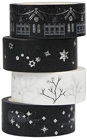 UOOOM 4er Silber Washi Tape Set Masking Tape deko Klebeband Schwarz Weiß Klebebänder DIY deko Scrapbooking Craft Geschenk Design 9058