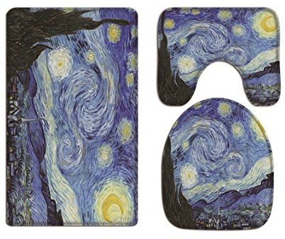 A.Monamour Badezimmer Badematte 3 Teilig Set Gewebe Vincent Van Gogh Sternenklarer NachtWeicher Teppich Für Toilettenzubehör Flanell Saugfähig Badteppiche Badvorleger Badgarnitur WC Vorleger