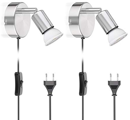 ledscom.de 2 Stück Leselampe LUNARA mit Schalter und Stecker chrom matt GU10 Wand-Leuchte 5,473W 468lm 30° warm-weiß