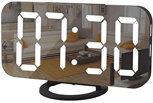 Reloj Despertador de Viaje SZELAM, Alarma Dual, Pantalla LED con Superficie de Espejo Digital para Maquillaje con Control de Sonido y táctil, 4 Niveles de Brillo