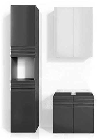 Vicco Badmöbel-Set Fredd, Anthrazit Hochglanz, 3 Teile, mit Hochschrank