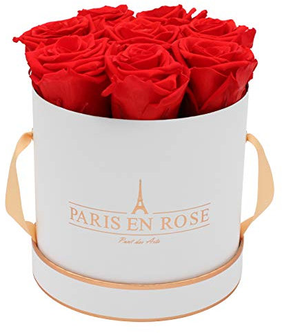 PARIS EN ROSE Rosenbox | mit 9 roten Infinity Rosen Größe XL | konservierte ewige Rose | runde Weiß-Roségold Box | 3 Jahre haltbar | Grußkarte
