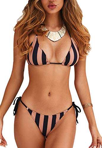 JFAN Costume da Bagno Donna Sexy Triangolo Bikini Due Pezzi Puntini A Strisce Costumi da Bagno Coulisse Lucente Clubwear Strisce Nero,M