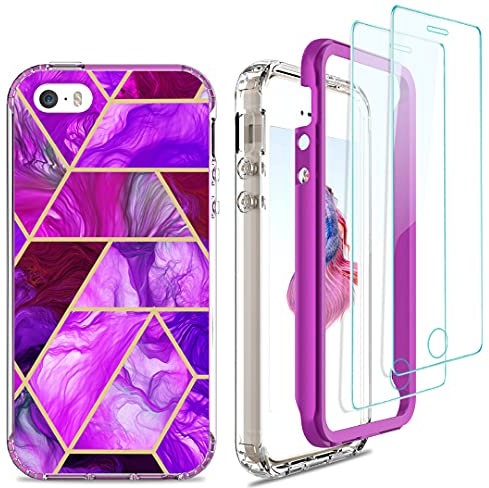 Jeylly Case for iPhone SE 2016 (1st gen), iPhone 5/5S Case with [2 Pack] HD Screen Protector, Dual Layer Slim Stylish Marble Shockproof Anti-Scratch Drop Protection Rugged Cover, Violet Purple