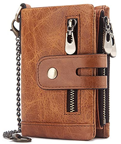 Portafoglio da uomo con catena, blocco RFID, in vera pelle, con porta carte di credito e portamonete con cerniera, Marrone, Moderno