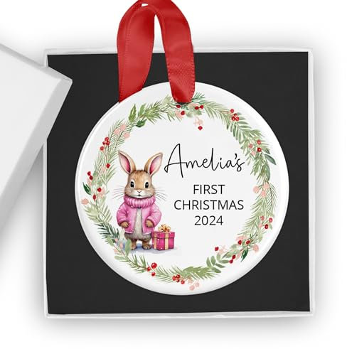 Personalised Baby's First Christmas Bauble - Custom 1st Xmas Ceramic Ornament, Choice of Rabbit Colour - Keepsake - Gift Box Included - Ideal for New Baby Boys & Girls Tree Decoration - Pink Coat