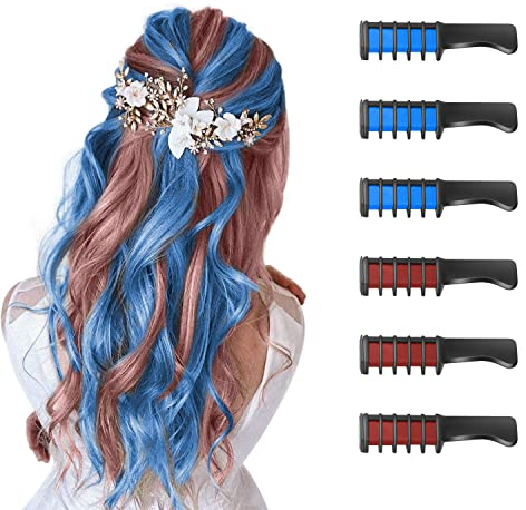 6 Stück Haarkreide Kamm Temporäre Färben HaarfarbeKamm für Kinder Auswaschbar Ungiftig für Mädchen Geschenk Erwachsene Geburtstag Party Halloween Erntedankfest Weihnachten Cosplay(Blau+Rot)
