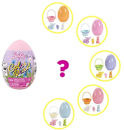Barbie HCC74 - Color Reveal Tierfreund mit 6 Überraschungen: Osterei-Behälter mit metallisch-blauem Lämmchen, 3 Überraschungstüten mit 2 Minitieren & einem Osterkorb, Geschenk für Kinder ab 3 Jahren