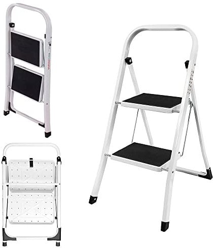 2 Step Ladder - Foldable Ladder With Anti-Slip Mat 2 Step Aluminium Small Step Ladders Lightweight Step Ladder Heavy Duty Folding Step Stool for Home Office Kitchen, 330lbs Capacity