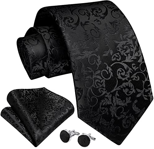 Enlision Schwarz Krawatte Herren Seide Hochzeit Krawatten und Einstecktuch mit Manschettenknöpfe Set Elegant Floral Einfarbig Seidenkrawatte mit Taschentuch Business Party