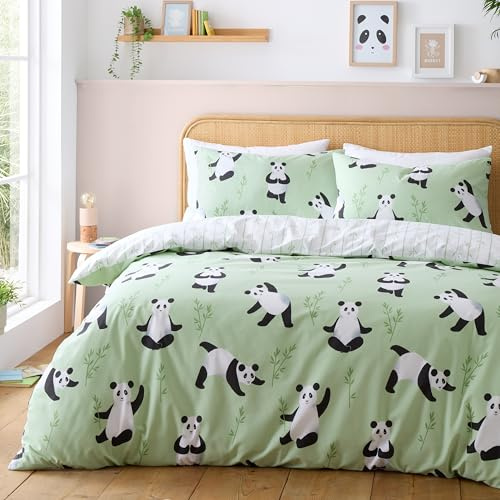 Catherine Lansfield Kids Panda Paws Reversible Double Duvet Cover Set with Pillowcases Green