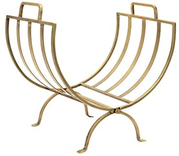 Ivyline Linear Log Basket in Brass with Curved Design and Handles - Stylish Kindling Holder - Fireplace Wood Cradle - H48.5 x W35 cm