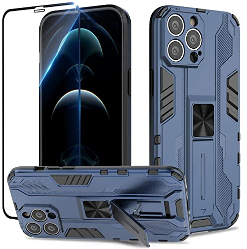 Btstring Coque pour iPhone 12 Pro Max avec Verre Trempé, Outdoor Antichoc de Qualité Militaire Coque avec Béquille Anti Rayure, Compatible Support de Voiture Magnétique - Bleu