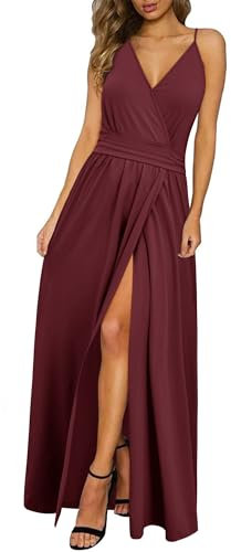 Newshows Sommerkleid Damen Lang Maxikleid Sommer V Ausschnitt Kleid Schlitz Freizeitkleid Elegant für Hochzeitsgast (Dunkelrot, Mittel)