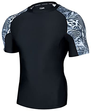 HUGE SPORTS Rashguard Homme Manches Courtes Maillot de Bain T-Shirt Surf Natation Plongée Plage (Mess Black,XL)