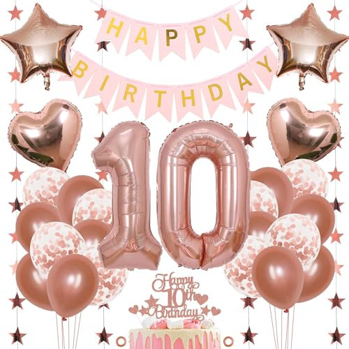 Jxuzh 10. Geburtstag Dekoration Mädchen Deko 10. Geburtstag Mädchen Luftballon 10. Geburtstag Rosegold Geburtstagsdeko 10 Rosegold Happy Birthday 10 Geburtstag Deko 10 Jahr Geburtstag Mädchen 33pcs